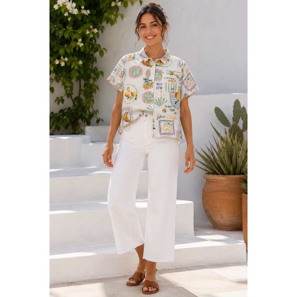 Paper Heart Italian Lemon Print Button Up Shirt Boho Coastal M Ciao Bella Linen